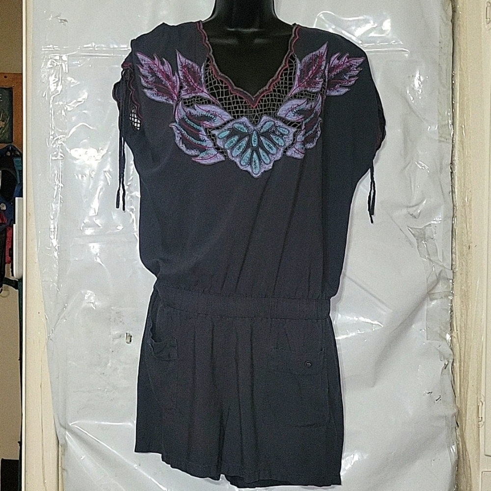 SWEET by Miss‎ Me charcoal gray boho romper Floral Cutout Summer Beach Coastal